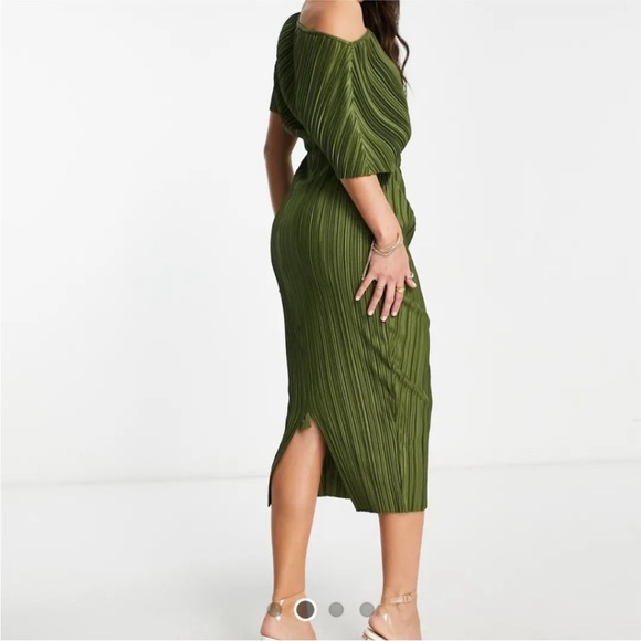 ASOS DESIGN Fallen Shoulder Plisse Midi Dress Olive - Size 16 Tall - Picture 2 of 4